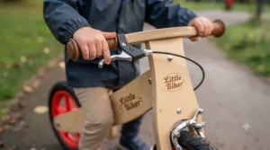 Child's hand operating the rear cable brake lever on a wooden balance bike.
