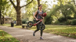 A toddler wearing a safety helmet walking forward while straddling a blue Strider balance bike on grass