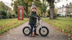 A young toddler comfortably riding a small aluminium balance bike on a paved path in the UK.