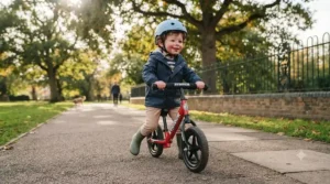 A toddler cruising on a Strider balance bike along a smooth British pavement on a sunny day.[cite: 6]