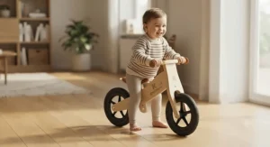 A toddler riding a wooden balance bike with non-marking wheels on an indoor wooden floor.