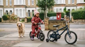 A young child smoothly transitioning from riding a Strider balance bike to a first pedal bicycle on a paved British path.