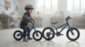 Illustration of a child confidently balancing on a metal balance bike before transitioning to a first pedal bicycle.