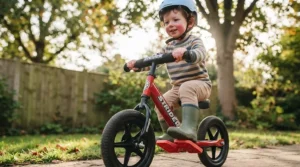 Integrated footrests on a Strider balance bike allowing toddlers to practise gliding and balancing skills.[cite: 5]