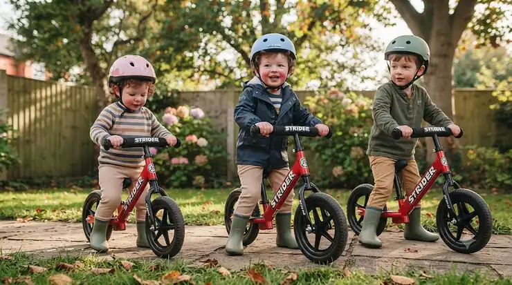 Young children aged 18 months to three years building confidence on their first Strider balance bikes.[cite: 8] Strider balance bike for toddlers