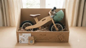 The flat-pack components of a new wooden balance bike laid out ready for home assembly.