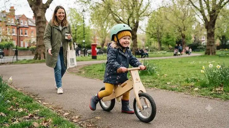 A toddler learning to ride a natural wooden balance bike in a British park. wooden balance bike