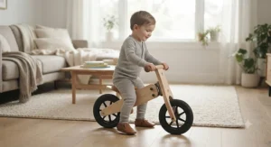 A young child riding a wooden balance bike across a living room floor on carpet without marking the flooring.