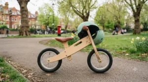 Side profile of a lightweight wooden balance bike showcasing its sustainable birch frame.