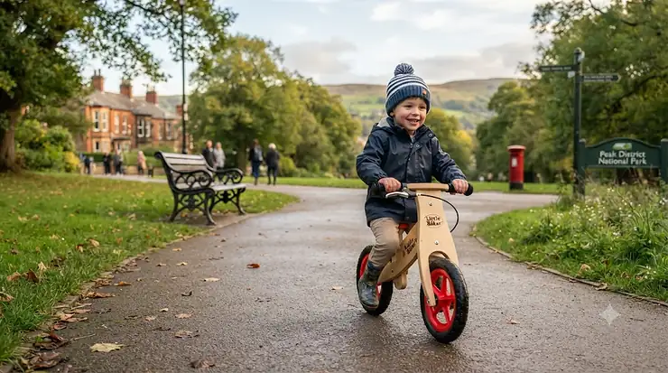 A toddler riding a natural wooden balance bike with a rear handbrake on a British park pathway. wooden balance bike with brake