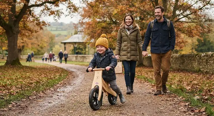 A toddler riding a traditional wooden balance bike outdoors in a British park, designed to help children develop coordination safely. wooden balance bikes