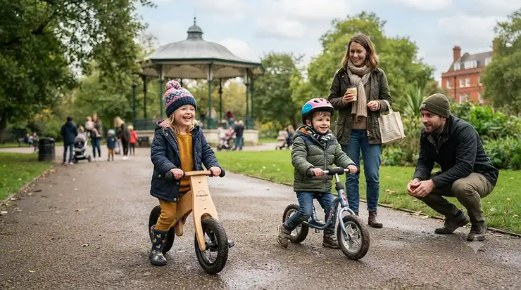 A wooden balance bike and a metal balance bike parked side-by-side on a British park path, comparing styles for toddlers. wooden balance bike vs metal balance bike