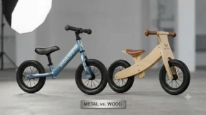 Side-by-side comparison of a wooden frame and a lightweight aluminium first balance bike